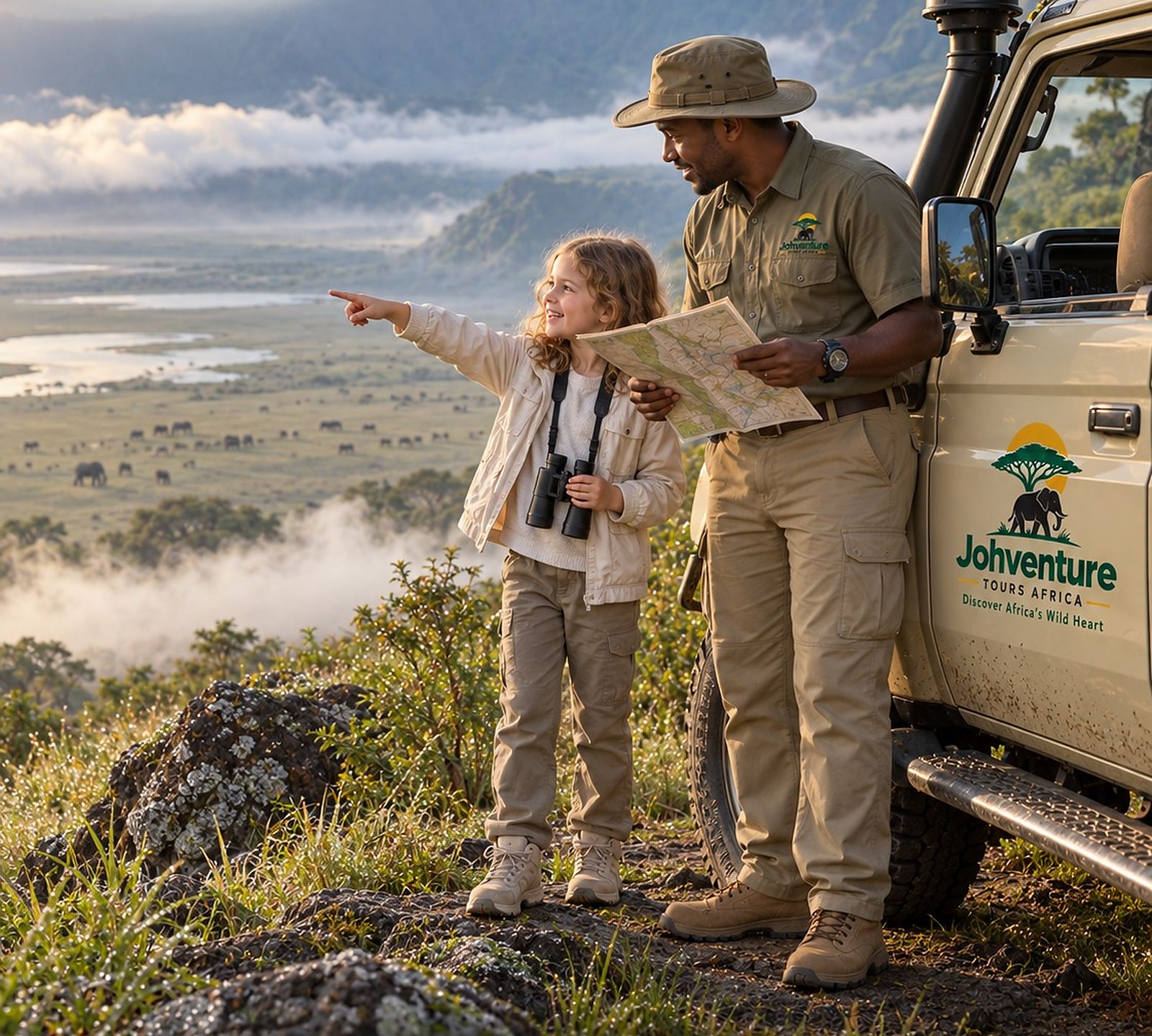 Guide and a young traveller with a map above the Ngorongoro Crater